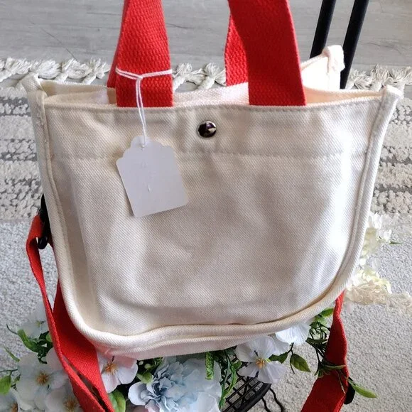 MOEGO Mini Canvas Tote / Lunch Tote – Cream & Red | New Without Tags - Picture 2 of 4